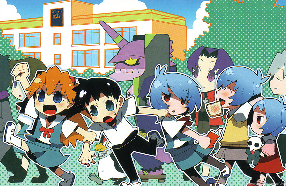 00s, 3boys, 6+girls, ^_^, aida_kensuke, ayanami_rei, bird, blue_eyes