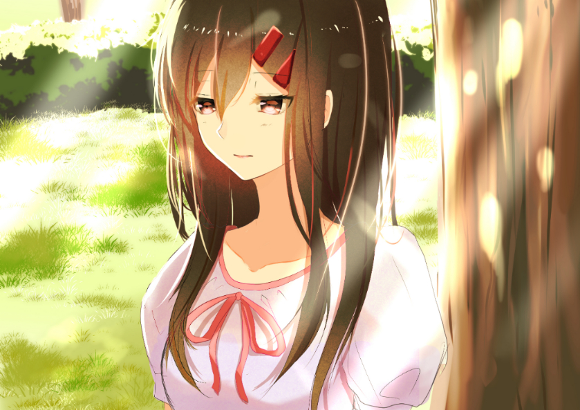 1girl, bad_id, bad_pixiv_id, black_hair, brown_eyes, day, female_focus, hair_between_eyes