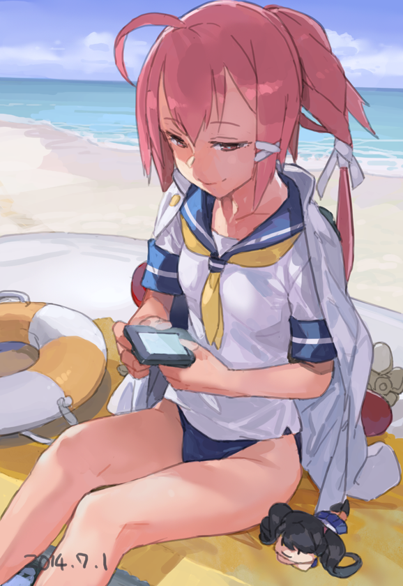 10s, 1girl, 61cm_quintuple_(oxygen)_torpedo_mount, blush, borrowed_clothes, fairy_(kancolle), female_focus, hair_ribbon, i-168_(kancolle), innertube, jacket, jacket_on_shoulders, kantai_collection, long_hair, one-piece_swimsuit, ponytail, red_eyes, red_hair, ribbon, school_swimsuit, school_uniform, serafuku, sitting, smile, solo, swim_ring, swimsuit, swimsuit_under_clothes, toro_(konirio)