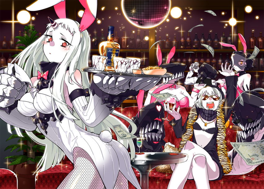 10s, 5girls, abyssal_ship, alcohol, alternate_costume, animal_ears, bad_id, bad_pixiv_id