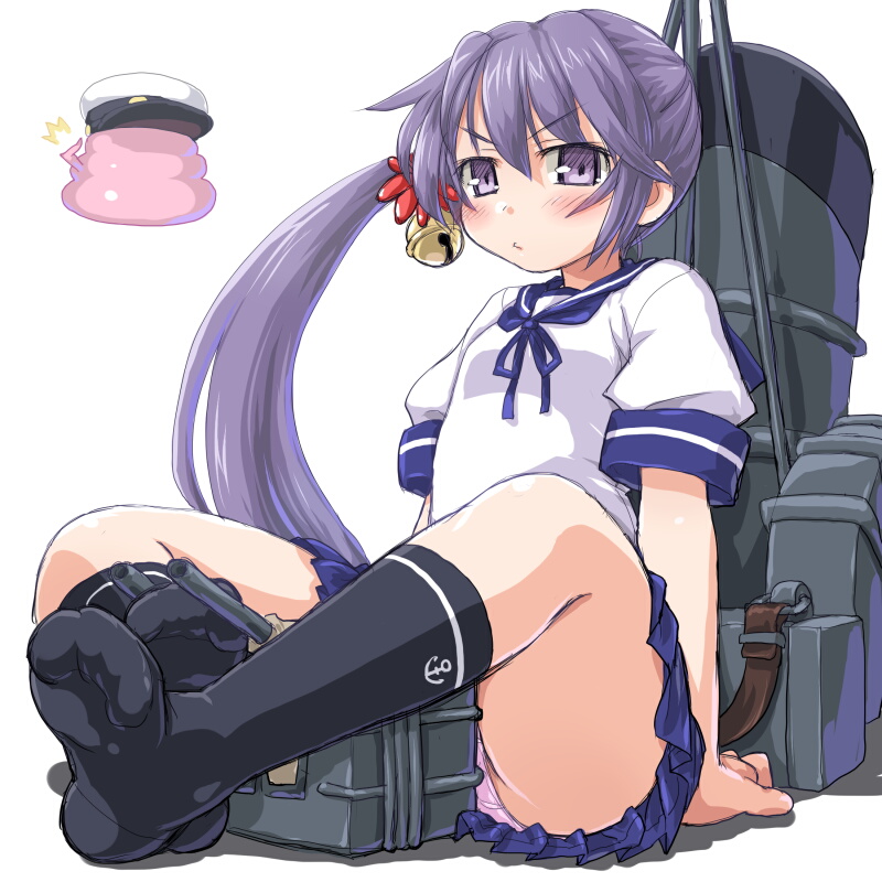 10s, 1girl, ^^^, admiral_(kancolle), akebono_(kancolle), bell, black_socks, blush, dd_(ijigendd), feet, female_focus, flower, from_below, hair_bell, hair_flower, hair_ornament, hat, jingle_bell, kantai_collection, kneehighs, looking_at_viewer, no_shoes, non-human_admiral_(kancolle), panties, pantyshot, pink_panties, pleated_skirt, poop, pout, pouty_lips, pun, purple_eyes, purple_hair, ribbon, school_uniform, serafuku, side_ponytail, sitting, skirt, socks, solo, too_literal, underwear, upskirt, white_background