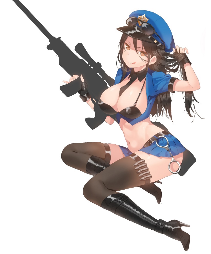 1girl, ammunition_belt, black_hair, black_thighhighs, boots, breasts, brown_hair, caitlyn_(league_of_legends)