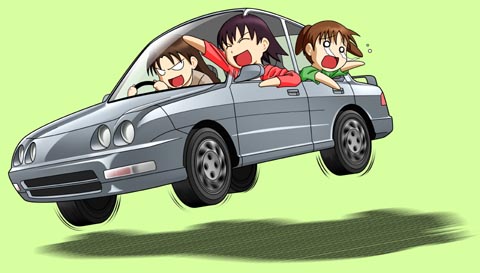 3girls, azumanga_daiou, black_hair, brown_hair, car, chibi, child, honda