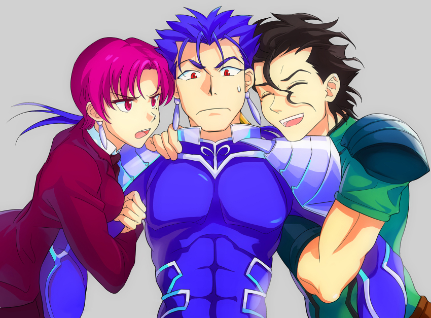 1girl, 2boys, ahoge, arm_hug, bazett_fraga_mcremitz, black_hair, blue_hair, cu_chulainn_(fate)