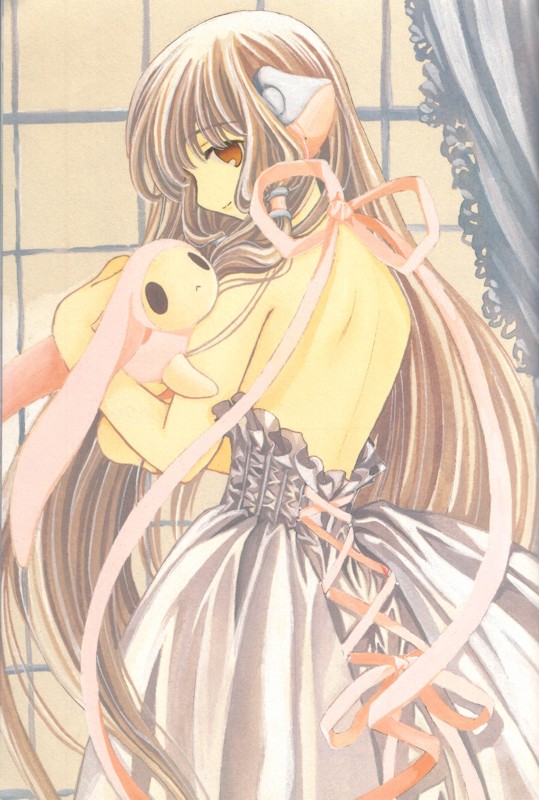 00s, 1girl, back, bare_back, chii, chobits, clamp, doll, dress, female_focus, long_hair, pda_(chobits), ribbon, solo