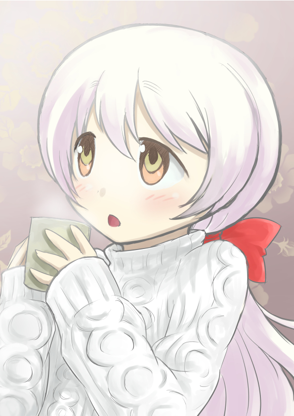10s, 1girl, blush, bow, cup, female_focus, hair_bow, long_hair, long_sleeves, mahou_shoujo_madoka_magica, mahou_shoujo_madoka_magica:_hangyaku_no_monogatari, momoe_nagisa, multicolored_eyes, open_mouth, ponytail, red_eyes, solo, sweater, white_hair, yellow_eyes, yukimura_kaname