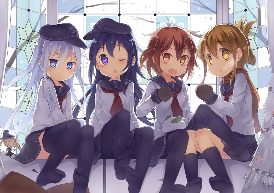 10s, 4girls, akatsuki_(kancolle), black_legwear, blue_eyes, brown_eyes, brown_hair, fang