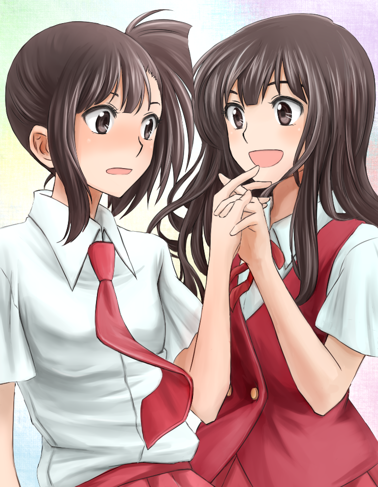 2girls, black_hair, blouse, blush, breasts, brown_eyes, brown_hair, buttons