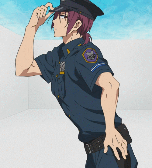 10s, 1boy, animated, animated_gif, cosplay, dancing, free!, future_fish, hat, male_focus, matsuoka_rin, meme, police, police_uniform, red_hair