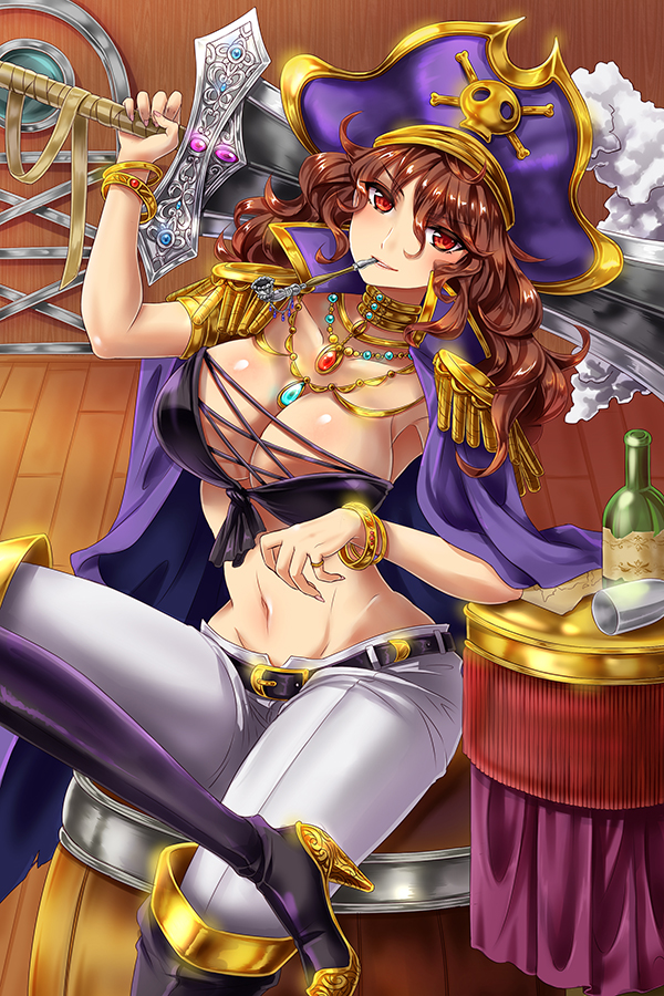 1girl, barrel, boots, bottle, bracelet, breasts, brown_hair, choker