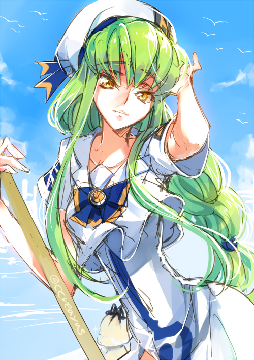 1girl, alicia_florence, alicia_florence_(cosplay), aria_(manga), armpit_peek, blouse, blue_sky, braid, c.c., cloud, code_geass, cosplay, creayus, day, female_focus, green_hair, oar, ribbon, shirt, sky, solo, twitter_username, white_shirt, yellow_eyes