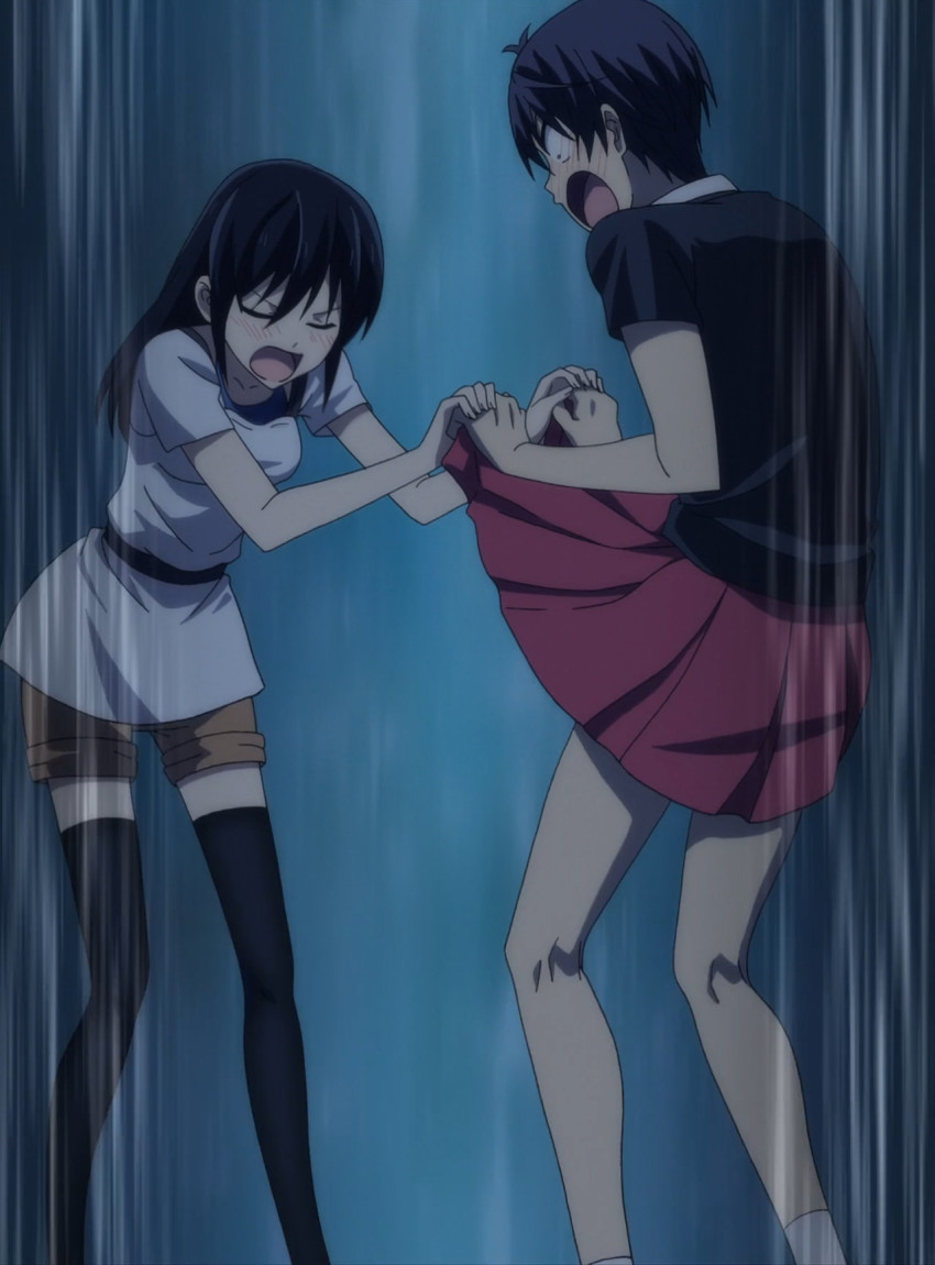 1boy, 1girl, aito_yuuki, anime_screenshot, ashisu_sahoto, black_hair, closed_eyes, clothes_lift, crossdressing, highres, long_hair, mangaka-san_to_assistant-san_to, pleated_skirt, skirt, skirt_lift, stitched, thighhighs, third-party_edit