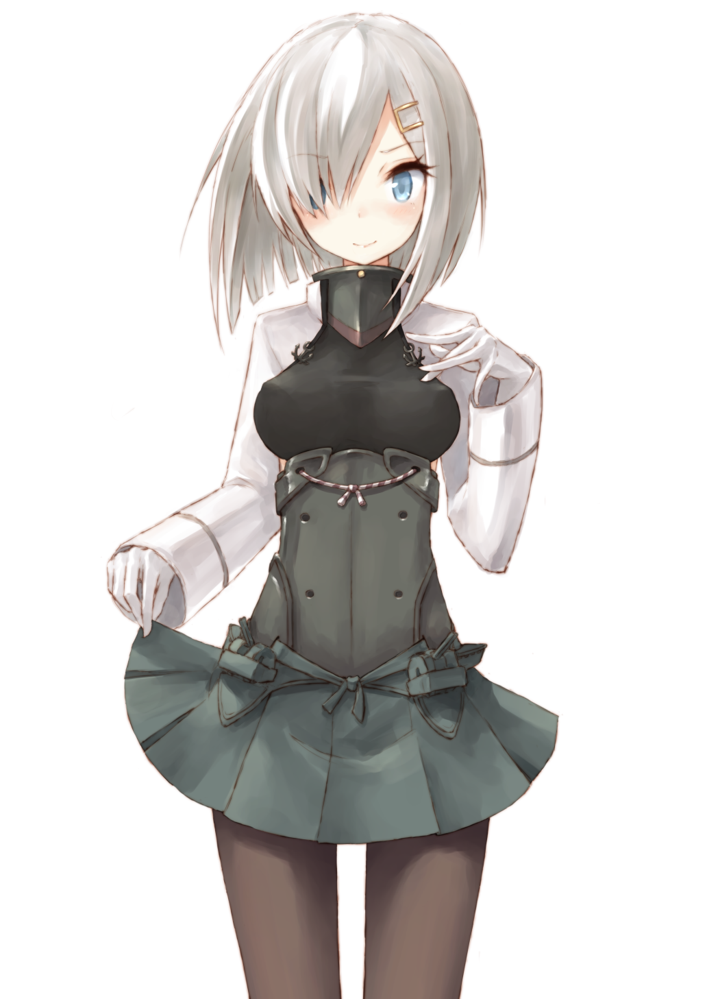 1girl, bad_id, bad_pixiv_id, black_pantyhose, blue_eyes, blush, breasts, buran_(kure)