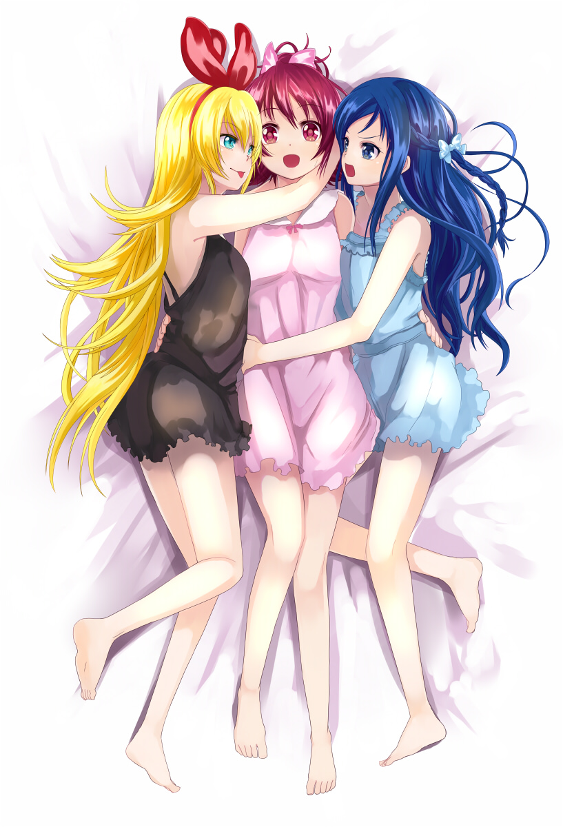 3girls, :p, aida_mana, aqua_eyes, bad_id, bad_pixiv_id, barefoot, blonde_hair