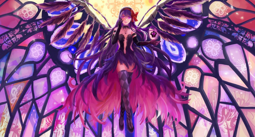 10s, 1girl, akemi_homura, akuma_homura, argyle_clothes, argyle_thighhighs, bare_shoulders, black_gloves, black_hair, black_wings, bow, choker, dark_orb_(madoka_magica), dillsien, dress, elbow_gloves, feathered_wings, female_focus, flower, flying, gloves, hair_bow, long_hair, looking_at_viewer, mahou_shoujo_madoka_magica, mahou_shoujo_madoka_magica:_hangyaku_no_monogatari, multicolored_thighhighs, open_mouth, purple_eyes, red_flower, smile, solo, spider_lily, spoilers, stained_glass, thighhighs, two-tone_thighhighs, wings, zettai_ryouiki
