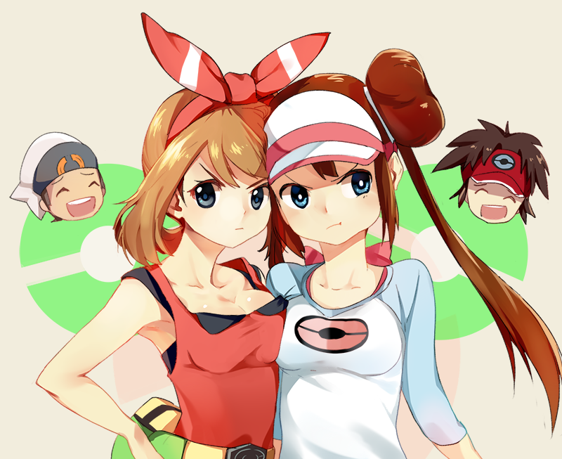 10s, 2boys, 2girls, :t, ^_^, angry, bad_id, bad_pixiv_id, blouse, blue_eyes, bow, breast_press, breasts, brendan_(pokemon), brendan_(pokemon_oras), brown_hair, closed_eyes, closed_mouth, double_bun, fanny_pack, hair_bun, hair_ribbon, happy, hat, laughing, light_brown_hair, long_hair, looking_at_viewer, may_(pokemon), may_(pokemon_oras), medium_breasts, multiple_boys, multiple_girls, nate_(pokemon), nintendo, open_mouth, poke_ball_theme, pokemon, pokemon_black_2_and_white_2, pokemon_omega_ruby_and_alpha_sapphire, pout, raglan_sleeves, red_tank_top, revision, ribbon, rosa_(pokemon), shirt, shovelwall, shovelwell, side-by-side, sidelocks, sleeveless, sleeveless_shirt, smile, tank_top, twintails, two_side_up, visor_cap