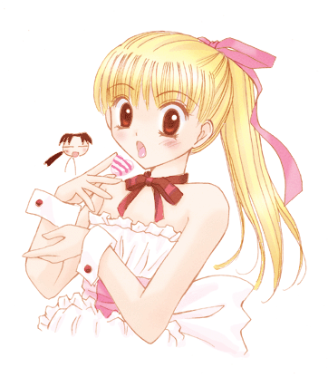 00s, apron, blonde_hair, candy, chocolate, food, hair_ribbon, lowres