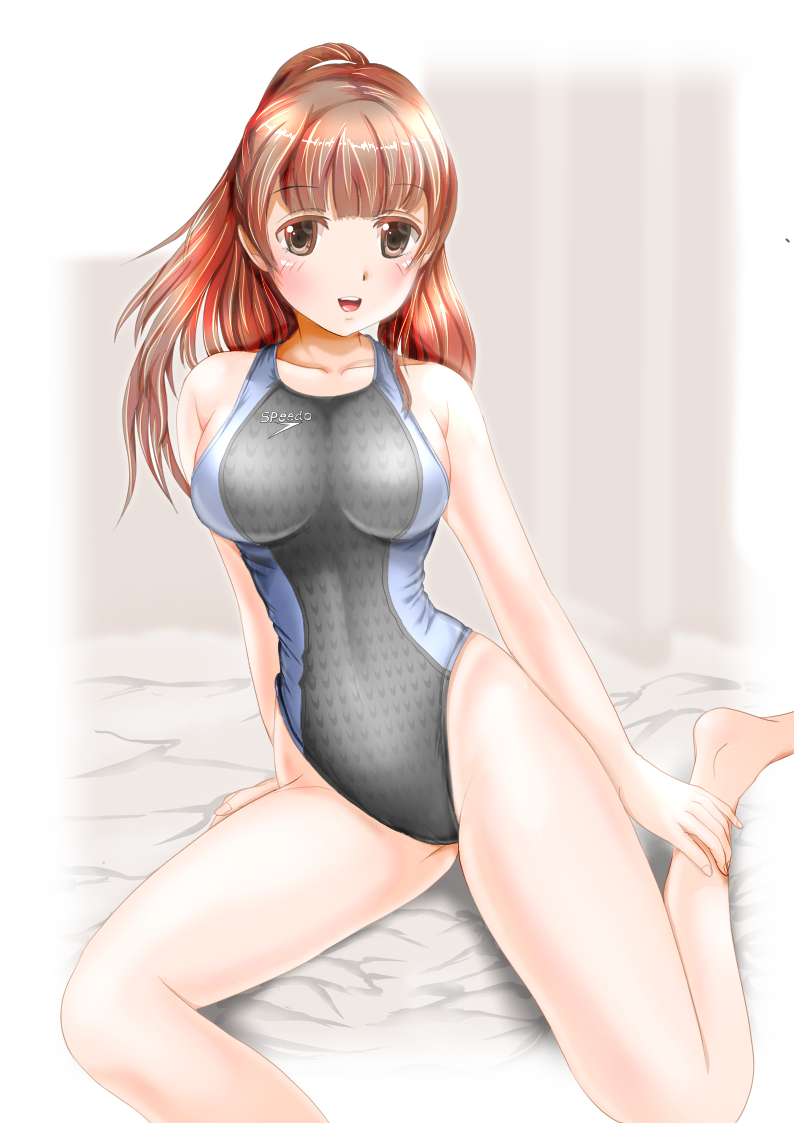 1girl, bare_shoulders, breasts, brown_eyes, brown_hair, collarbone, competition_swimsuit, female_focus