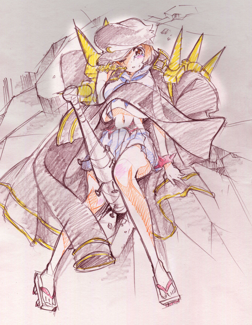 10s, 1girl, banchou, baseball_bat, brown_hair, colored_pencil_(medium), delinquent, female_focus