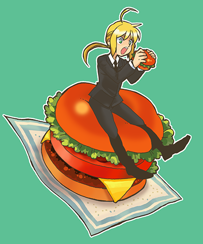 1girl, ahoge, artoria_pendragon_(fate), bad_id, bad_pixiv_id, blonde_hair, burger, eating