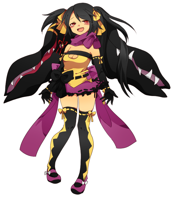 1girl, :d, bell, blush, bow, breasts, cleavage, female_focus, full_body, gen_3_pokemon, gloves, humanization, mawile, mega_mawile, mega_pokemon, miniskirt, moemon, nintendo, open_mouth, pokemon, rdim6gr8, ribbon-trimmed_clothes, ribbon-trimmed_legwear, ribbon-trimmed_sleeves, ribbon_trim, scarf, simple_background, skirt, smile, solo, teeth, thighhighs, white_background