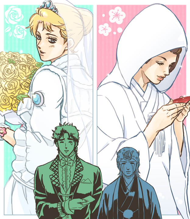 2boys, 2girls, bouquet, bow, bowtie, cup, dress, erina_pendleton