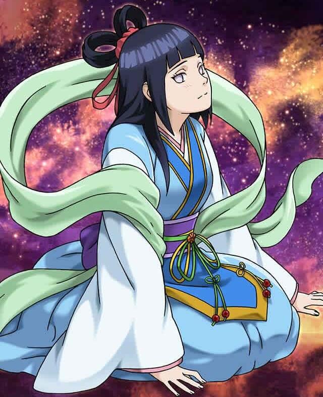 1girl, blush, byakugan, cosplay, female_focus, hyuuga_hinata, kneeling, long_hair, looking_at_viewer, naruto_(classic), naruto_(series), official_art, orihime_(cosplay), orihime_(tanabata), purple_hair, solo, tanabata