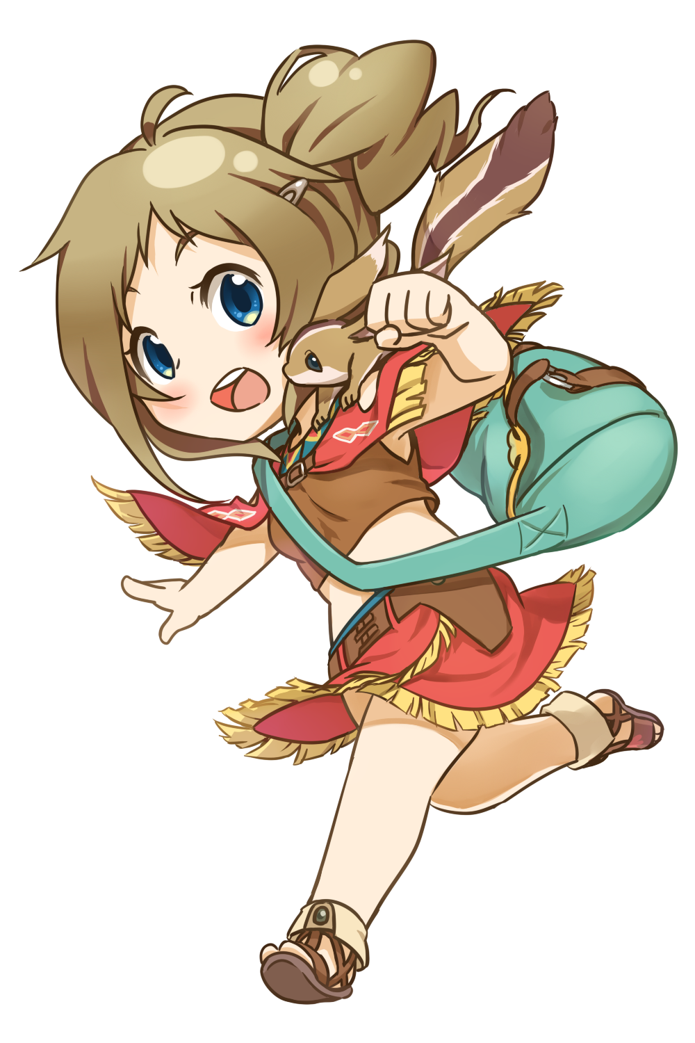 1girl, :d, ahoge, aizawa_inori, amy_(suisei_no_gargantia), amy_(suisei_no_gargantia)_(cosplay), animal, animal_on_shoulder, artist_request, blue_eyes, blush, brown_hair, chibi, clenched_hand, commentary, cosplay, female_focus, gargantia:_sky_courier, hair_ornament, hairclip, highres, internet_explorer, looking_at_viewer, midriff, official_art, open_mouth, os-tan, personification, pointy_ears, rabbit, running, sandals, side_ponytail, simple_background, skirt, smile, solo, suisei_no_gargantia, white_background