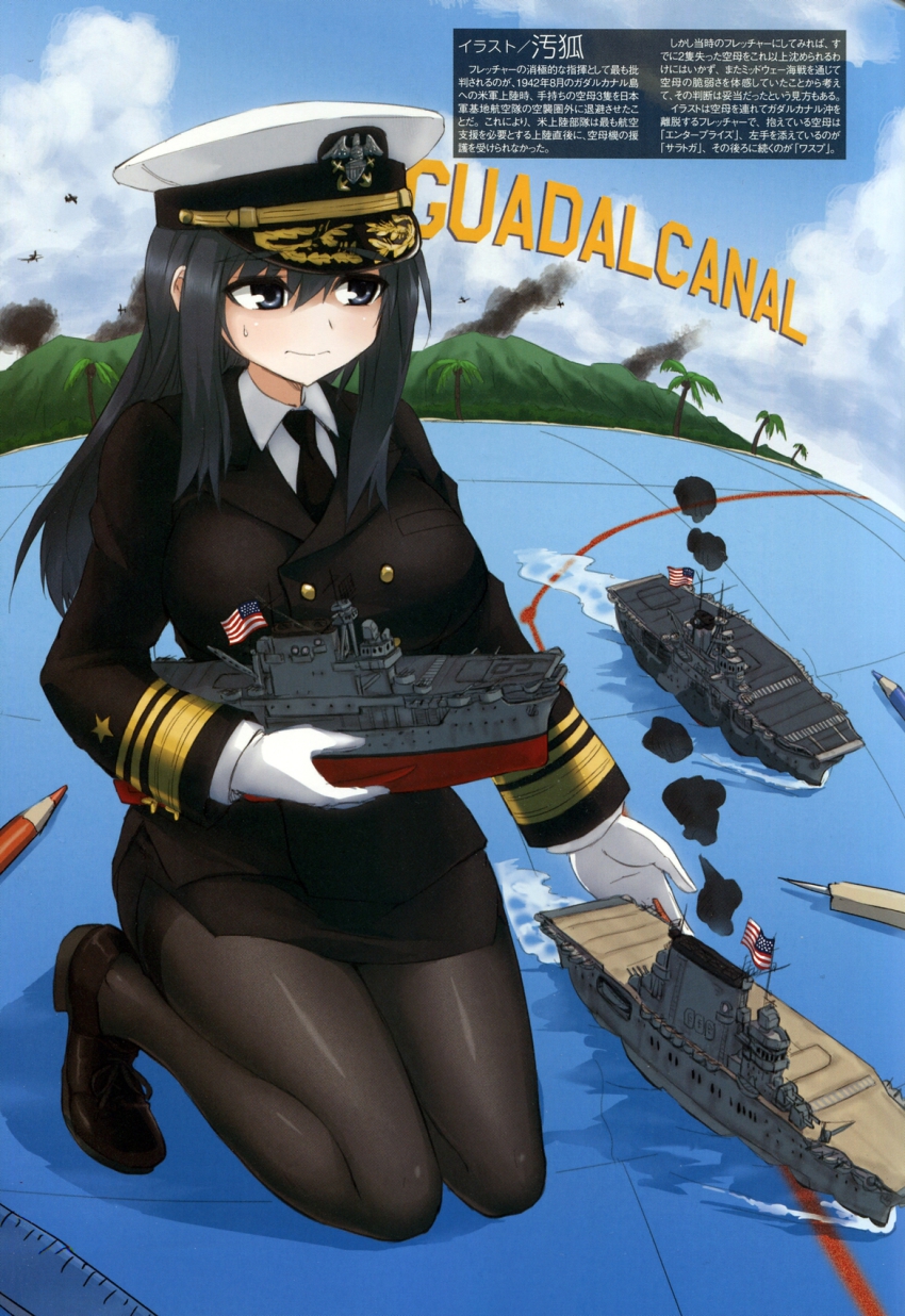 1girl, adapted_uniform, aircraft, aircraft_carrier, airplane, american_flag, battleship, beach, black_hair, black_jacket, black_necktie, black_shoes, black_skirt, blue_eyes, breasts, buttons, dakku_(ogitsune), female_focus, flag, formal_clothes, frank_jack_fletcher, genderswap, genderswap_(mtf), globe, hat, highres, holding, jacket, knees_together_feet_apart, large_breasts, long_hair, long_sleeves, mc_axis, military, military_dress_uniform, military_hat, military_jacket, military_uniform, military_vehicle, naval_dress_uniform, naval_uniform, necktie, non-web_source, original, palm_tree, pantyhose, pencil, pencil_skirt, real_life, ship, shoes, sitting, skirt, skirt_suit, smoke, solo, star_(symbol), suit, sweat, sweatdrop, text_focus, translation_request, tree, uss_enterprise_(cv-6), uss_enterprise_(star_trek), uss_saratoga_(cv-3), uss_wasp_(cv-7), war, warship, water, watercraft, world_war_ii