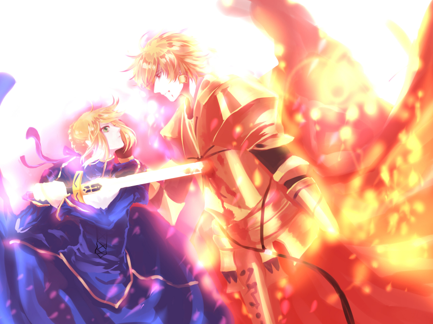 1boy, 1girl, ahoge, armor, artoria_pendragon_(fate), bad_id, bad_pixiv_id, bingxiaojian