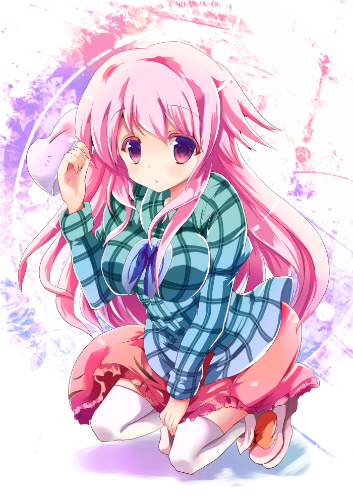 :o, breasts, hata_no_kokoro, large_breasts, long_hair, open_mouth, pink_eyes, pink_hair
