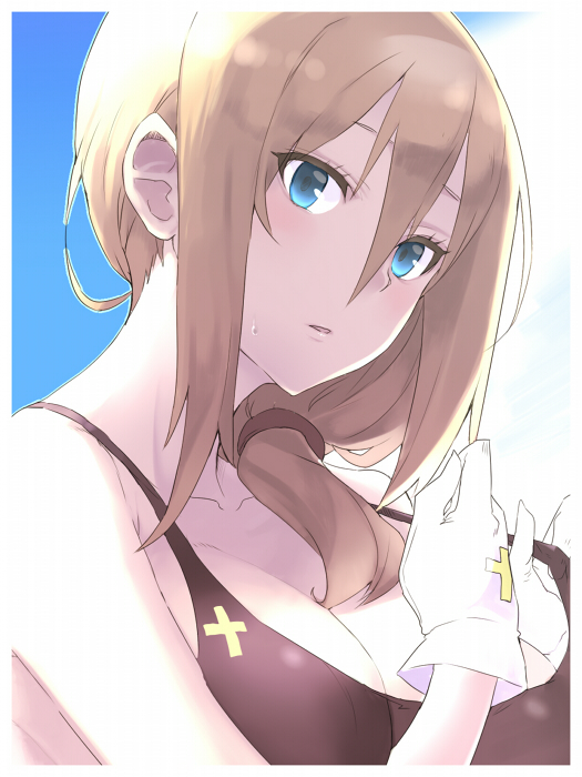 1girl, bikini, black_bikini, blonde_hair, blue_eyes, breasts, cleavage, female_focus