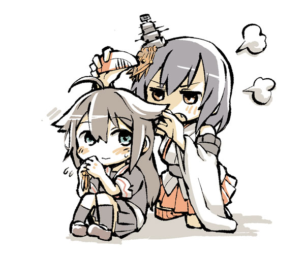 >:o, 10s, 2girls, :o, ahoge, alternate_hairstyle, bare_shoulders, black_hair