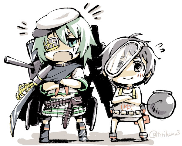 >:o, 10s, 2girls, :>, :o, aiguillette, ammunition_belt, black_eyes