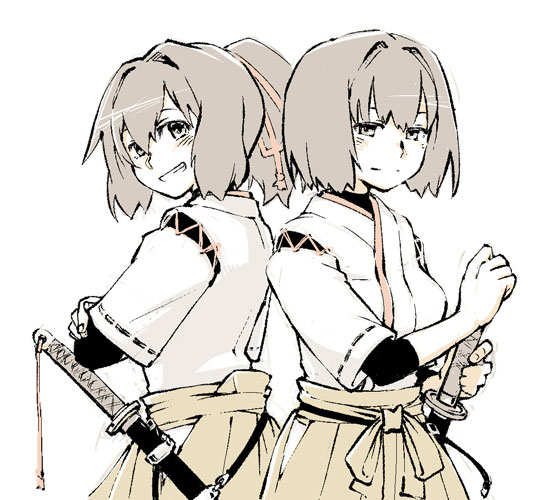 10s, 2girls, back-to-back, brown_eyes, brown_hair, crossed_arms, grin, hands_on_hilt