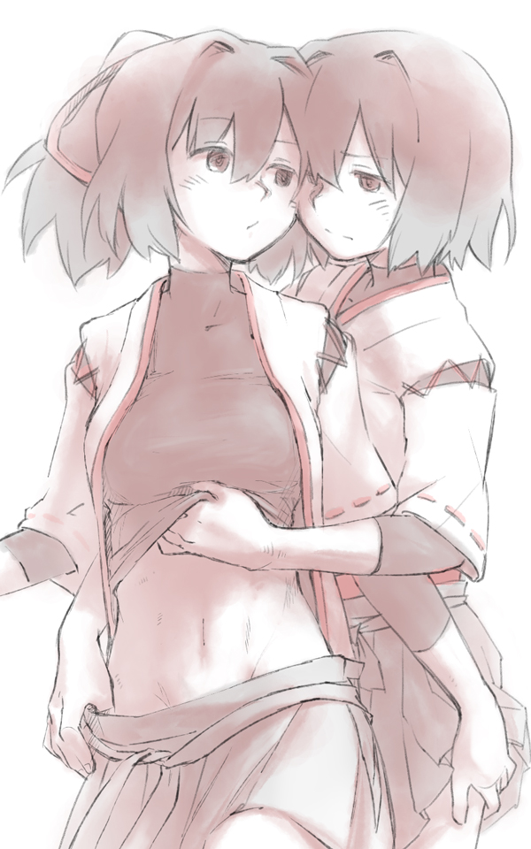 10s, 2girls, abs, bad_id, bad_pixiv_id, breasts, clothes_lift, clothes_pull, hyuuga_(kancolle), ise_(kancolle), japanese_clothes, kantai_collection, konno_akikaze, looking_at_another, monochrome, multiple_girls, muscular, navel, open_clothes, pleated_skirt, ponytail, shirt_lift, short_hair, simple_background, skirt, skirt_pull, smile, torihamu, turtleneck, white_background, yuri