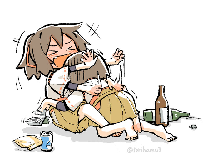 >_<, 10s, 2girls, :d, barefoot, blush, book, bottle