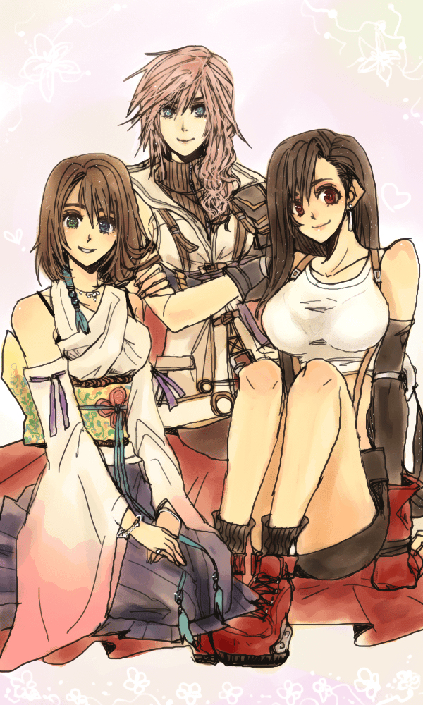00s, 10s, 1990s_(style), 3girls, dissidia_final_fantasy, final_fantasy, final_fantasy_vii, final_fantasy_x, final_fantasy_xiii, lightning_farron, looking_at_viewer, multiple_girls, smile, tifa_lockhart, yadoso, yuna