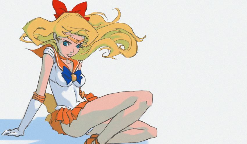 1girl, aino_minako, bare_legs, bishoujo_senshi_sailor_moon, blue_eyes, bow, choker, circlet, elbow_gloves, female_focus, floating_hair, gloves, hair_bow, joyacuson, long_hair, miniskirt, orange_skirt, parted_lips, pleated_skirt, sailor_collar, sailor_venus, simple_background, sitting, skirt, solo, white_gloves, wind