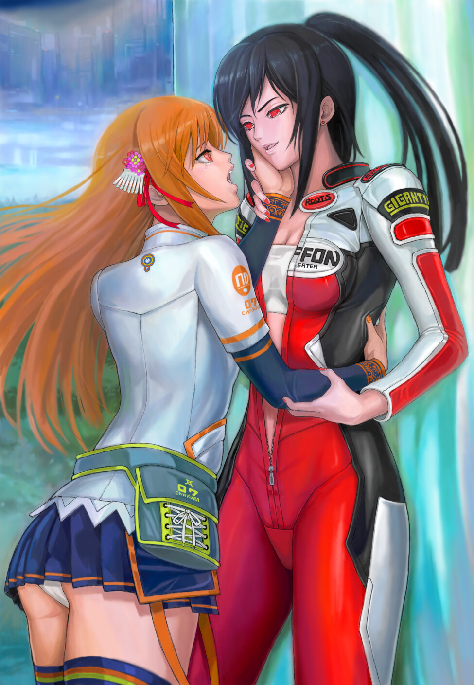 2girls, beatmania_iidx, beatmania_iidx_11_iidx_red, beatmania_iidx_9th_style, bemani, biker_clothes, bikesuit, black_hair