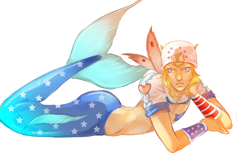 1boy, bad_id, bad_pixiv_id, bandana, blonde_hair, blue_eyes, crop_top, gauntlets