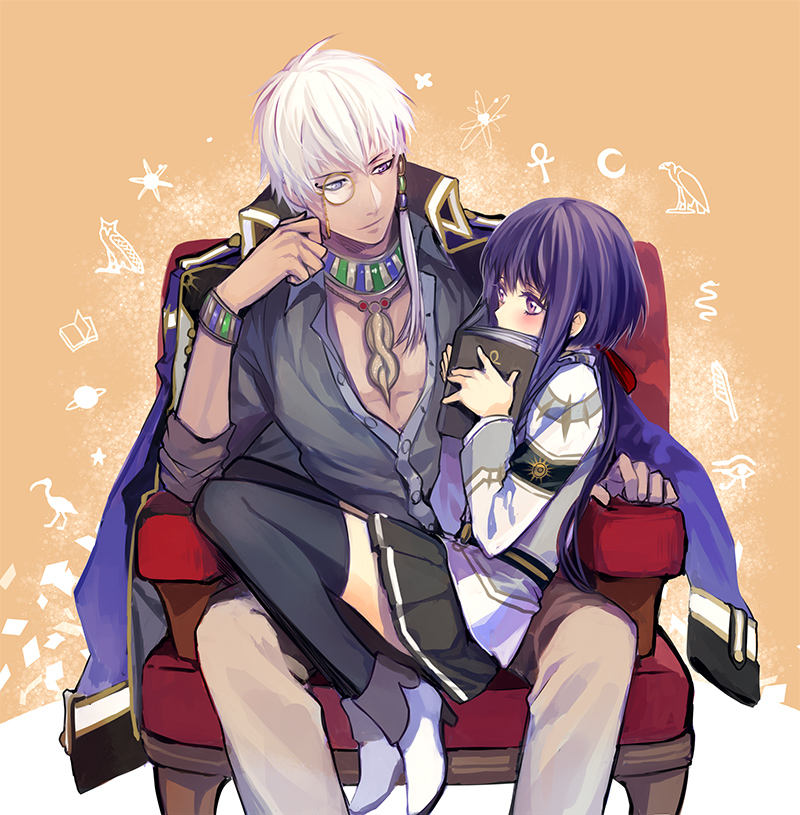 10s, 1boy, 1girl, black_thighhighs, blush, book, cezaria, kamigami_no_asobi, kusanagi_yui, purple_hair, short_hair, sitting, sitting_on_lap, sitting_on_person, skirt, thighhighs, thoth_caduceus, white_hair