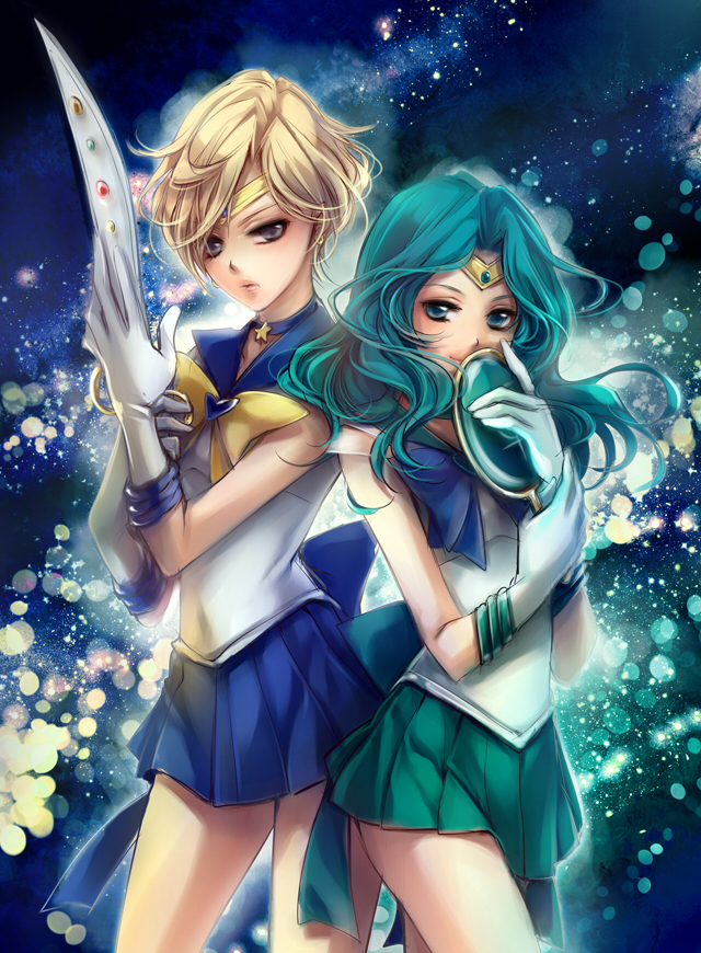 2girls, aqua_hair, bishoujo_senshi_sailor_moon, blonde_hair, blue_eyes, blue_sailor_collar, blue_skirt, bow