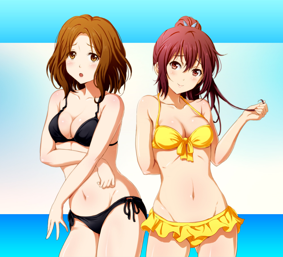 10s, 2girls, :o, amakata_miho, bare_shoulders, bikini, bikini_skirt, black_bikini, blush, breasts, brown_eyes, brown_hair, cleavage, free!, front-tie_top, long_hair, looking_at_viewer, matsuoka_gou, multiple_girls, navel, ponytail, red_eyes, red_hair, shian_(my_lonly_life.), shiny_skin, short_hair, side-tie_bikini_bottom, smile, strap_gap, swimsuit, yellow_bikini
