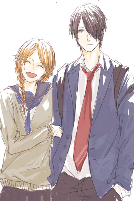 10s, 1boy, 1girl, asai_yukiko, bad_id, bad_pixiv_id, black_hair, braid