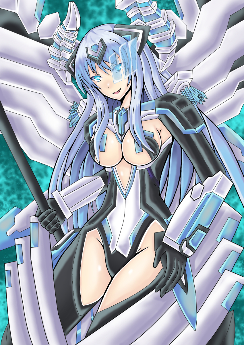 10s, 1girl, alternate_form, blue_eyes, blue_hair, bodysuit, breasts, cleavage