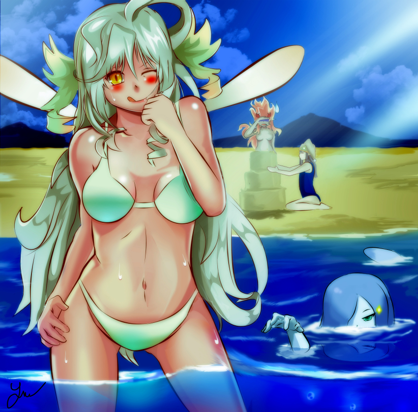 4girls, absurdres, ahoge, alternate_form, aqua_eyes, artist_name, beach, bikini, blue_hair, blush, breasts, brown_hair, building_sand_sculpture, cleavage, closed_eyes, cloud, day, drill_hair, facepalm, gnome_(mon-musu_quest!), green_hair, groin, hair_over_one_eye, hand_on_own_thigh, hat, highres, jamjamstyle, lips, long_hair, medium_breasts, mon-musu_quest!, mountain, multiple_girls, navel, no_mouth, no_nipples, nude, one-piece_swimsuit, one_eye_closed, one_eye_covered, orange_hair, outdoors, outline, parted_bangs, partially_submerged, reflection, salamander_(mon-musu_quest!), sand_castle, sand_sculpture, shadow, shiny_skin, sidelocks, sky, sparkle, sunlight, sweatdrop, swimsuit, sylph_(mon-musu_quest!), tail, tongue, tongue_out, undine_(mon-musu_quest!), yellow_eyes