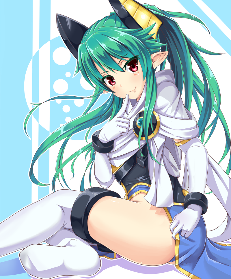 1girl, blush, elbow_gloves, female_focus, gloves, green_hair, hawe_king, long_hair