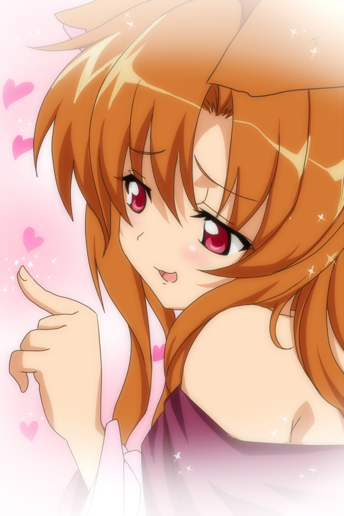 1girl, animal_ears, bare_shoulders, blush, brown_hair, dress, female_focus, heart, higurashi_no_naku_koro_ni, imaizumi_kagerou, long_hair, open_mouth, parody, red_eyes, ryuuguu_rena, solo, totoharu_(kujirai_minato), touhou, wolf_ears