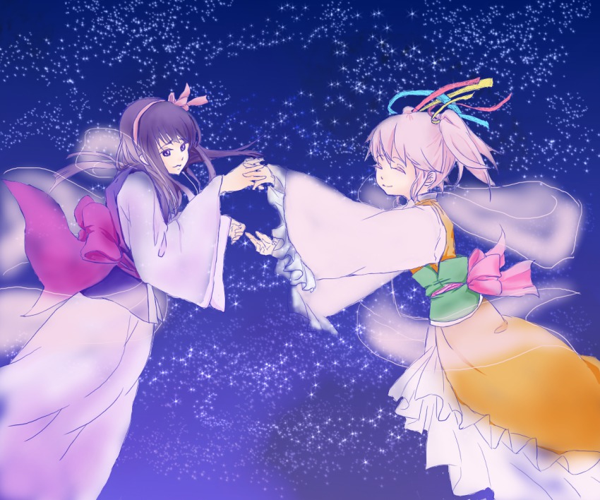 2girls, ^_^, akemi_homura, black_hair, bow, closed_eyes, colored_eyelashes, cosplay